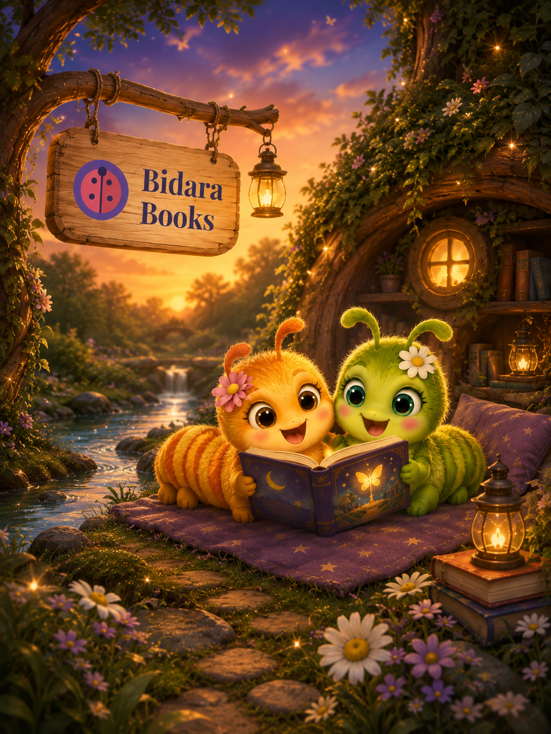 A welcoming scene from Bidara: Olivia and Minti reading a storybook together under a Bidara Books sign, with their cosy hobbit cottage behind them and the river of Bidara flowing past at sunset