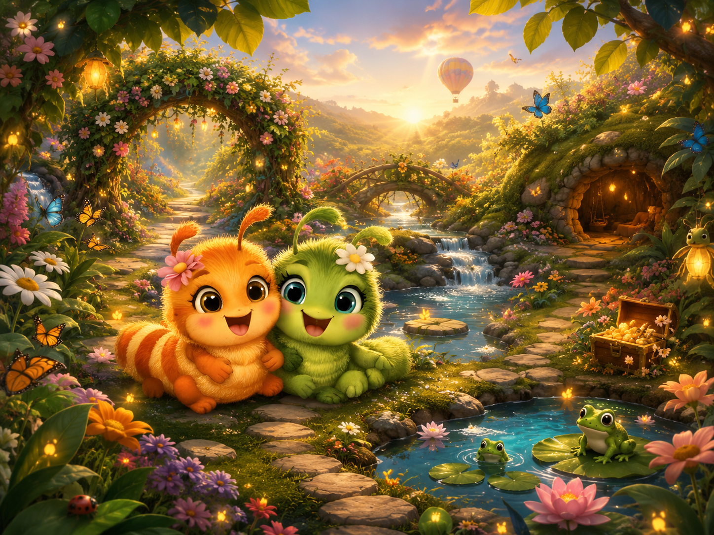 Olivia and Minti smiling in their sunlit garden in Bidara, with stone paths, a wooden bridge, lily pads and friendly frogs