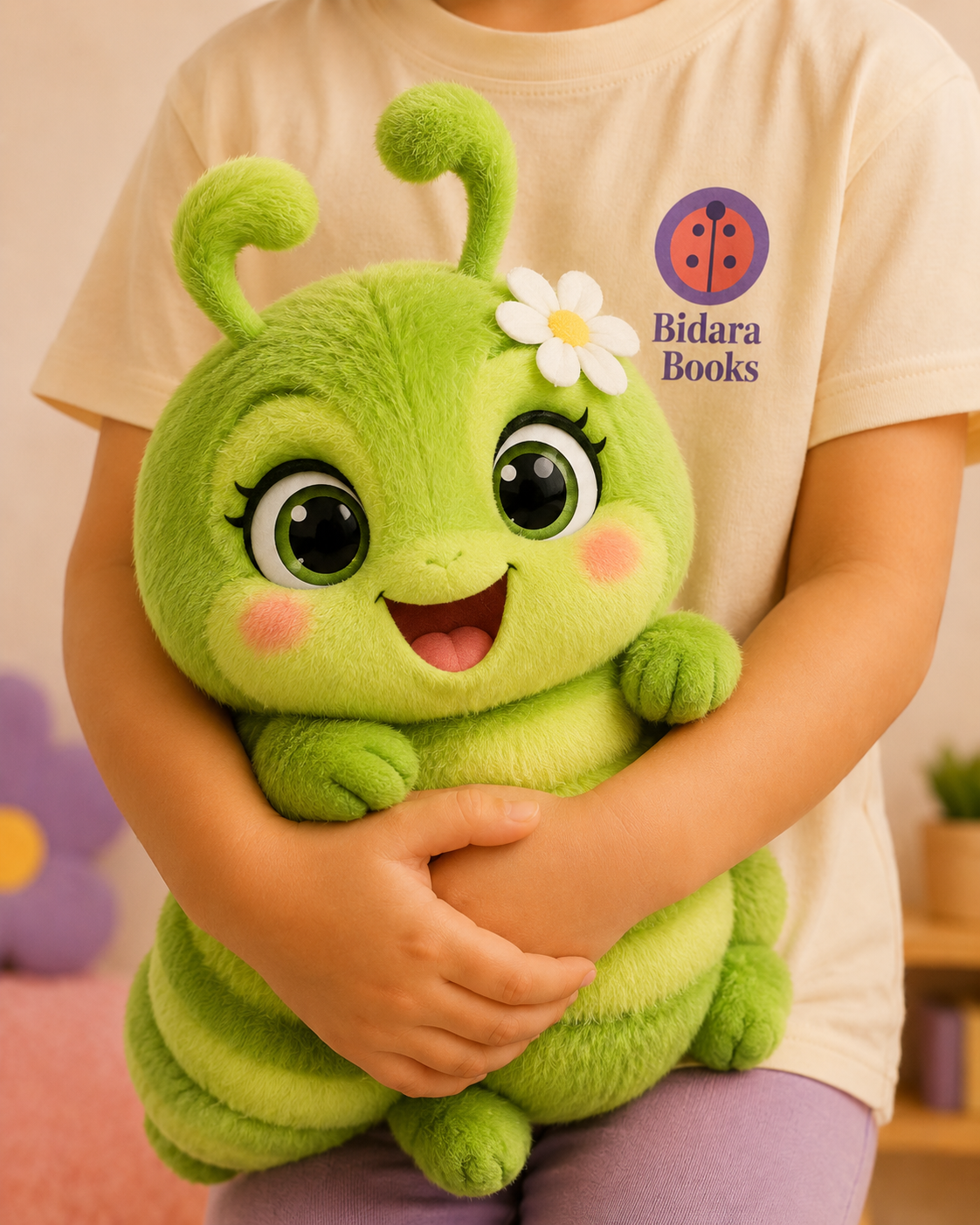 Minti plush caterpillar, a green smiling soft toy with a daisy, held by a child in a Bidara Books t-shirt