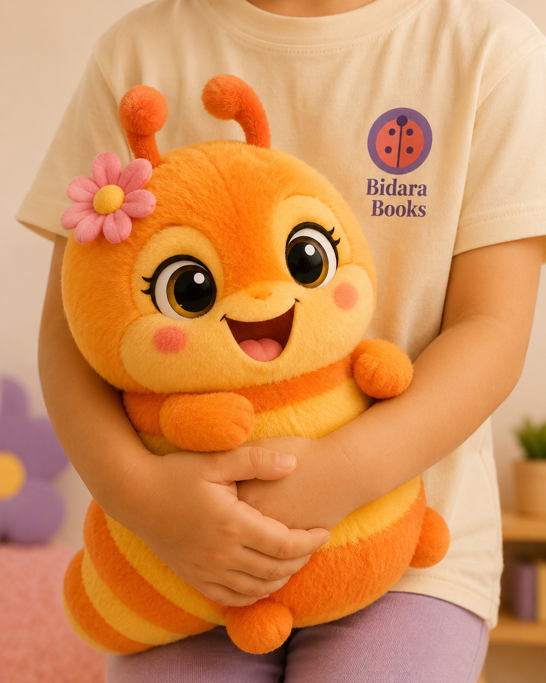 Olivia plush caterpillar, an orange smiling soft toy, held by a child in a Bidara Books t-shirt