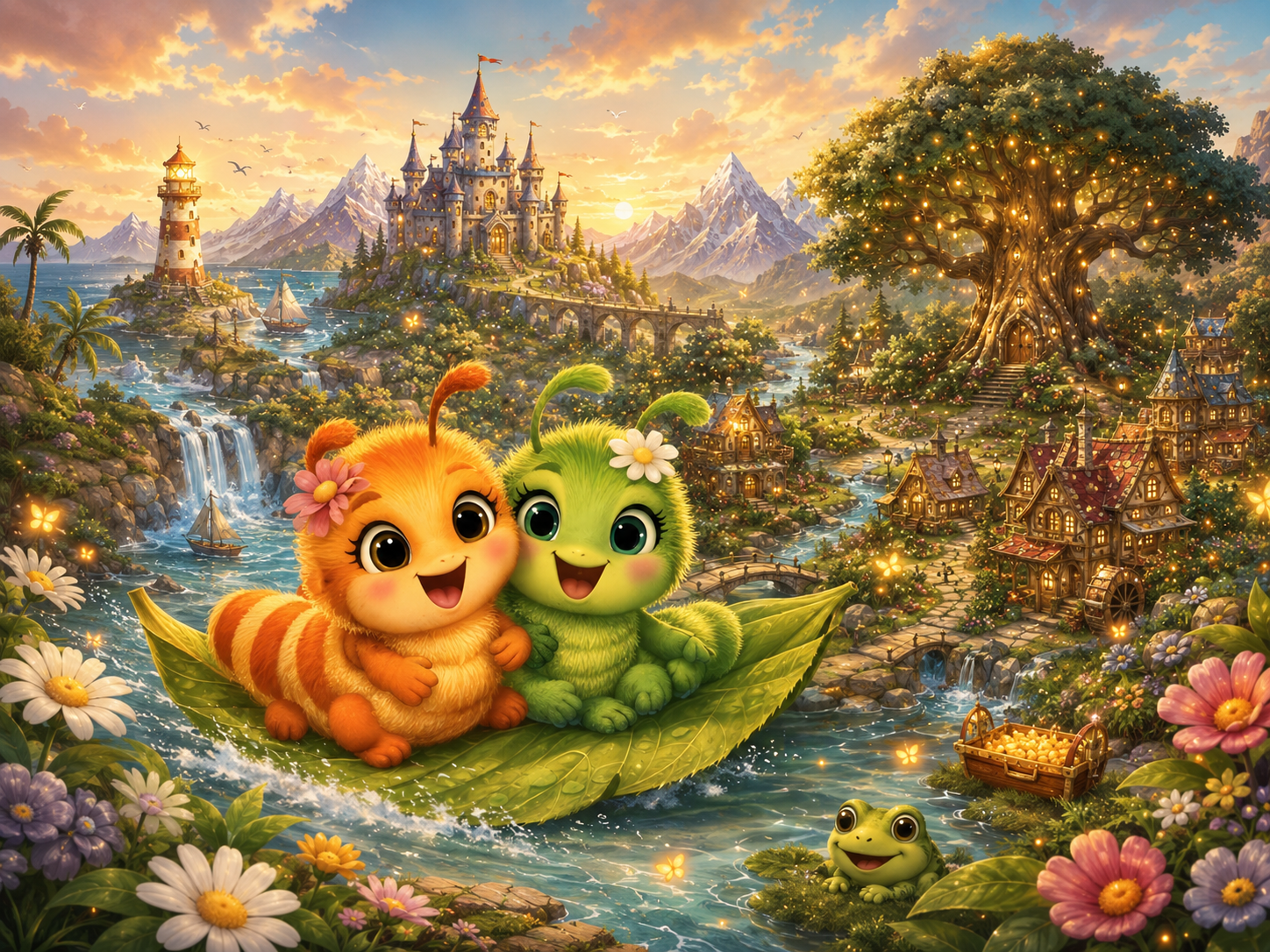A welcoming scene from the magical world of Bidara — Olivia and Minti on a leaf boat with the castle, lighthouse, glowing tree and village in the background