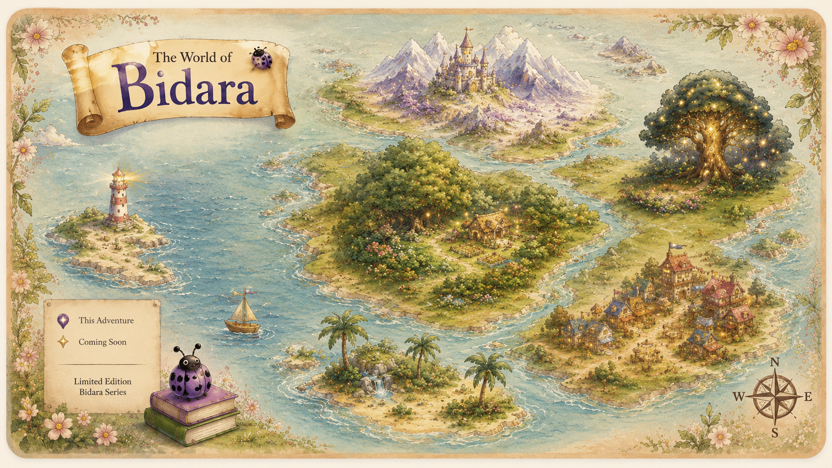 Hand-drawn watercolor map of Bidara, showing islands, mountains, woods and the lighthouse